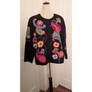 Indigo Moon Embroidered & Appliqued Womens Jacket- Black & Multicolored -Sz L